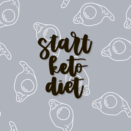 Keto diet hand drawn vector lettering. Start keto diet quote on egg background. Healthy nutrition. Low carb diet collage black lettering. Ketogenic nutrition illustration.のイラスト素材