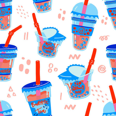 Cute Kawaii Boba Bubble milk tea seamless pattern. Can be used for greeting cards, party invitations or menu. Vector.のイラスト素材
