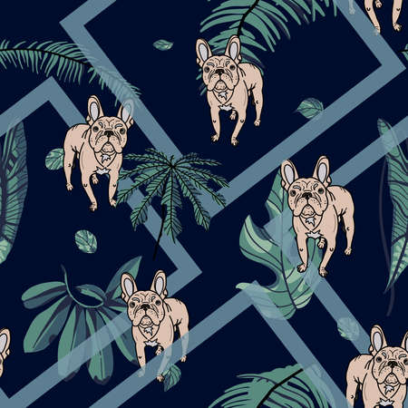 French Bulldog and tropical leaves on dark background seamless pattern. Geometry shapes vector...