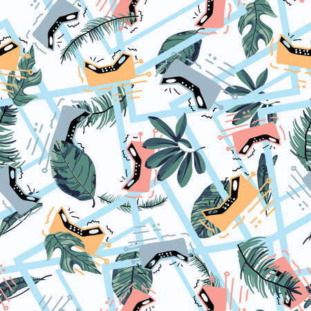 Seamless pattern poster of old retro vintage multicolored antique analog hipster cellular mobile phone with physical buttons and large long antenna. Palm leaves and geometry shapes vector texture.のイラスト素材