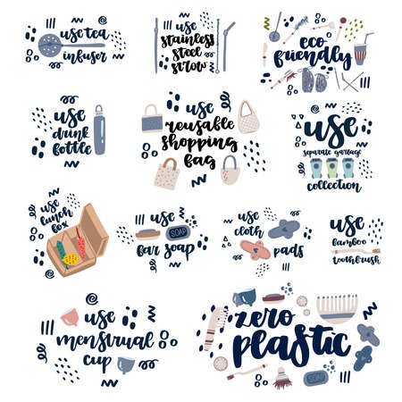 Hand drawn flat zero waste durable and reusable items or products set in vector - glass jar, lunch box, menstrual cup, cloth pads, tea infuser, stainless steel straw, drink bottle, bag, toothbrush.のイラスト素材