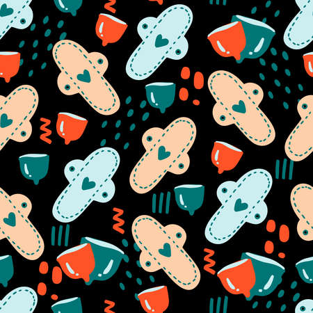 Cloth pad and menstrual cup seamless pattern. Hand drawn element of zero waste life in vector. Eco style. No Plastic and Go Green concept background.のイラスト素材