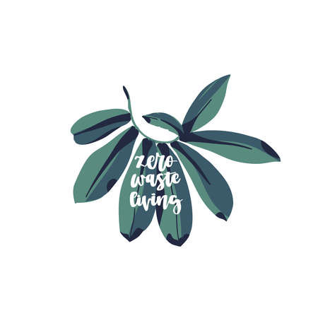 Hand drawn lettering quote - zero waste life with tropical leaf on background. Eco style. Vector illustration.のイラスト素材