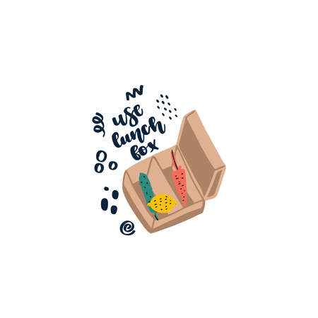 Hand drawn element of zero waste life in vector. Eco style. Lettering quote - use lunch box.のイラスト素材