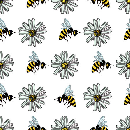 Seamless pattern of daisy flower, cartoon flying bees on white background vector illustration. Cute hand drawn floral pattern.のイラスト素材
