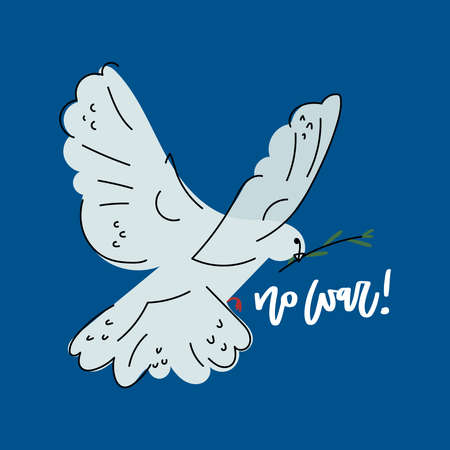 Peace dove with olive branch on blue background. Hand drawn lettering. no war. Bird and twig symbol of peace and freedom.のイラスト素材