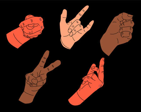 Big set of Colorful Hands in different gestures. Fig, goat, clenched fist, peace, middle finger fuck...