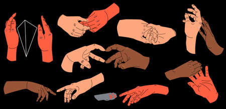 Big set of Colorful Hands in different gestures. Illustration on different types of interlocking hands between pairs or couples.Hand drawn vector illustration isolated on black background.のイラスト素材