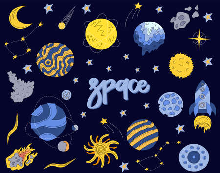 Set of planets, stars, asteroids, shuttle and comets in outer space. Bundle of different abstract...