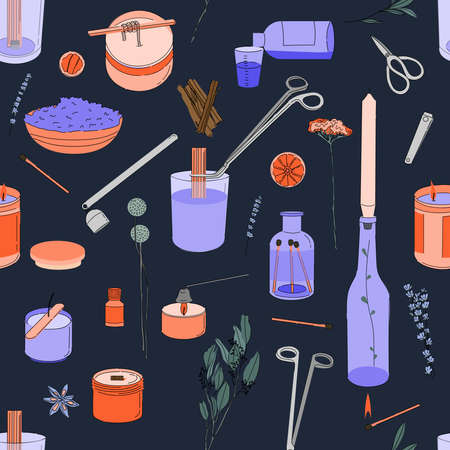 Various Candles seamless pattern. different shapes and sizes. Pillar, jar candle, square, container candle, multi wick. Decorative wax candle making for relax and spa. Matches, candle snuffer.のイラスト素材