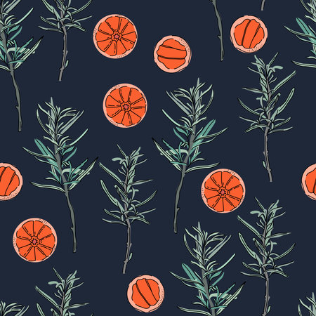 Herbs hand drawn background. Seamless pattern with rosemary and oranges on dark blue background. Colorful wallpaper vector. Decorative illustration, good for printing.のイラスト素材