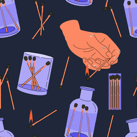 Matches in glass jars, box, hand with burning match seamless pattern on dark blue background....
