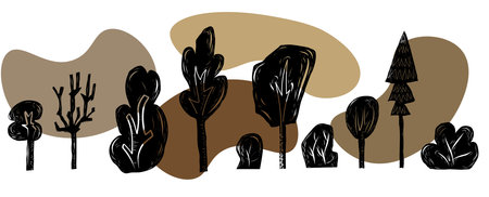 Trees and bushes hand carved linocut vector set on white background with abstract shapes in autumn colors. Collection of folk art style woodland clip art.のイラスト素材