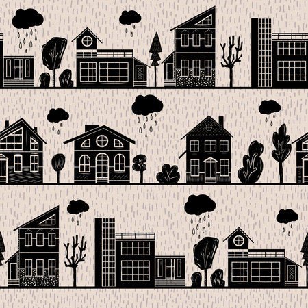 Domestic home and trees hand carved linocut seamless pattern on rainy background. Collection of folk art style rural houses and woodland clip art.のイラスト素材