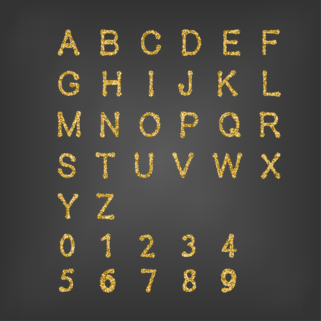 Golden English alphabet and numbers. Vector illustration.のイラスト素材