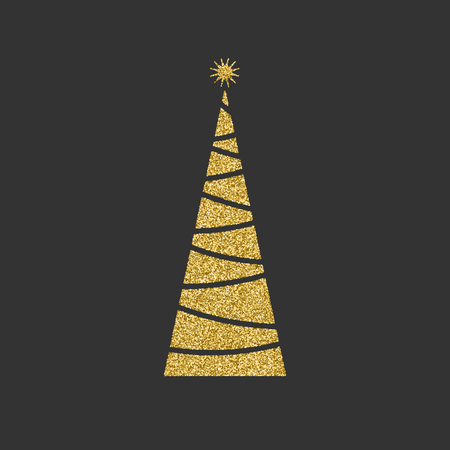 Silhouette of a Christmas tree with a star diagonal with geometric lines on a black background. Gold glitter effect. Vector illustration.のイラスト素材