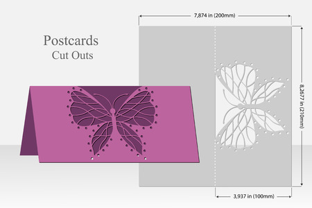 Butterfly greeting card laser cutting. Silhouette design. It is possible to use for weddings, Valentines, birthday, invitations, presentations, greetings, holidays, celebrations, save the day. Vector.のイラスト素材
