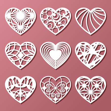 Set of decorative hearts for laser cutting. Vector illustration.のイラスト素材