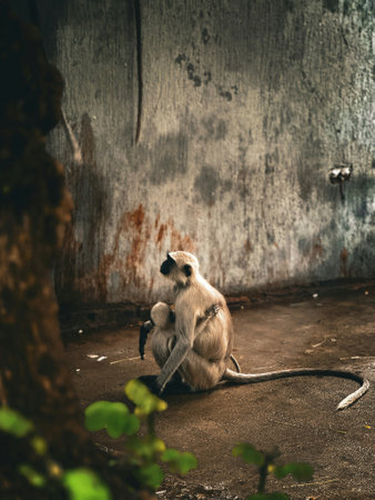 Monkeys in the temple, Thailand. Selective focus. Toned.の写真素材