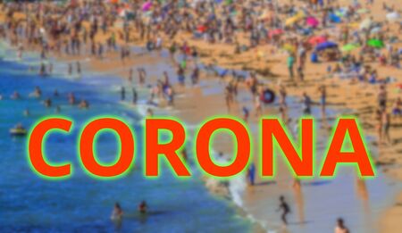 Concept word Corona and beach with many people