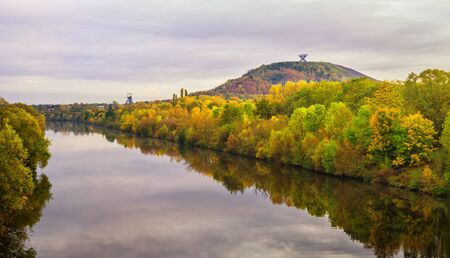 Germany Saarland Tourism Saar and mountain dump Duhamel with Saarpolygon in late summerの写真素材