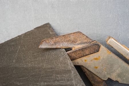Roofers slate tilers scissors for cutting to size authentic slate roofing tilesの写真素材