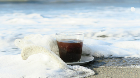 Coffee on Beach, Sand, Sea, Sky Backgroundの写真素材