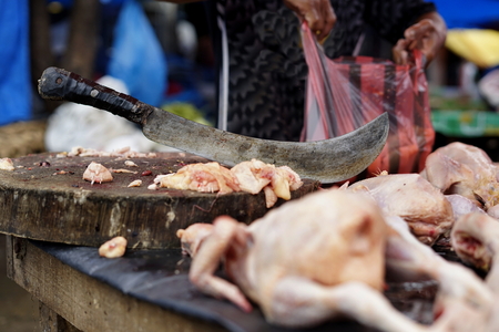 Fresh chickens for sale in traditional marketの写真素材