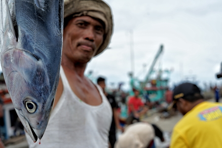 Banda Aceh, Indonesia - September 22, 2018: Local fishermen holding fresh catch of tuna fish from...
