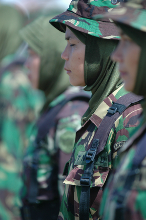 Banda Aceh, Indonesia - August 16, 2005: Indonesian women's military army corps at Indonesian Independence day celebration at Blangpadang, banda aceh, Indonesiaのeditorial素材