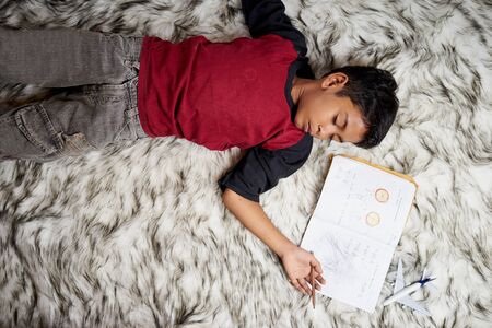 Schoolboy sleeping while doing homework at homeの写真素材