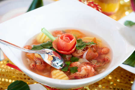 Serving Vegetable with shrimp soupの写真素材