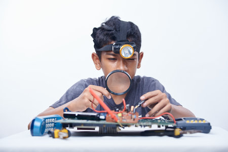 Young boy repairing a computer with magnifying glass on white background.の写真素材