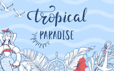 Tropical paradise. Banner / background with nautical elements and exotic plantsのイラスト素材