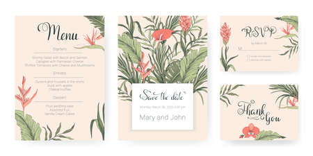 Set of wedding invitation cards with tropical flowersのイラスト素材