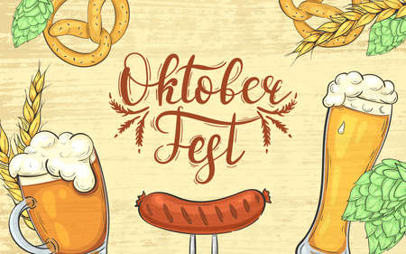 Oktoberfest Banner. Background with beer glasses and snacksのイラスト素材