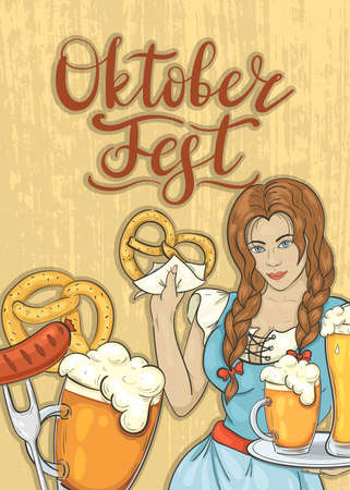 Oktoberfest flyer. Background with girl, beer and snacksのイラスト素材