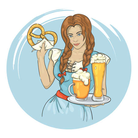 Waitress girl with beer and pretzelのイラスト素材