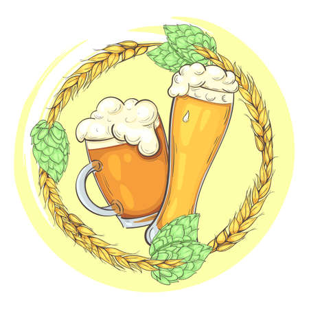 glasses of beer. Wheat and hop wreath with glasses of beerのイラスト素材