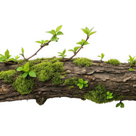 A detailed close-up of a moss-covered tree branch with new green leaves sprouting, showcasing natural growth and texture, isolated on a transparent background for versatile design use.の素材