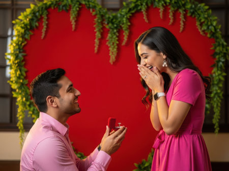 A man is kneeling down, holding an engagement ring, proposing to a woman who appears surprised and delighted. The background is decorated with hanging greenery and a red wall.の素材