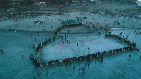 Bird eye view of frozen Khalti lake during winter sports festival in Ghizer Valleyの写真素材