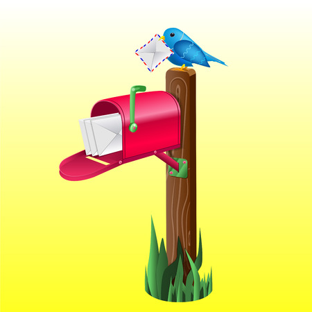 Outdoor red mailbox full of letters. Wooden pole, green grass and blue little bird holding an envelope.のイラスト素材