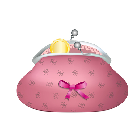 Cute retro purse with pink bow and flower pattern. Isolated object. Golden coin inside opened vintage purse.のイラスト素材