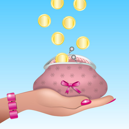 Woman hand with pink nails and bracelet holding cute retro purse with pink bow. Gold coins raining into the purse.のイラスト素材
