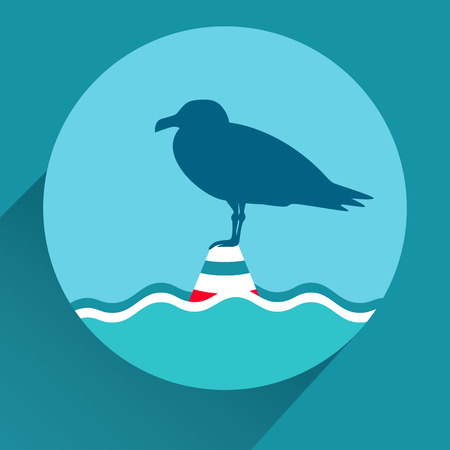 Seagull on a sea buoy. Blue flat icon for mobile app design. Long shadow.のイラスト素材