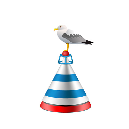 Sea buoy with a seagull on white background. Isolated buoy with blue and red stripes.のイラスト素材