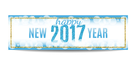 Happy New Year 2017 banner. Blue background with bokeh, snow, fog and snowflakes. Golden frame. Glitter sequins. Flyer and coupon design template. Vector EPS10 illustration.のイラスト素材