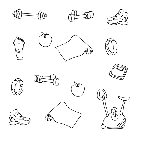 Fitness doodles. Isolated set of gym equipment. An apple, a sneaker, a sport watch, dumbbells, mats, scales, a barbell, a cycle and a shaker.のイラスト素材