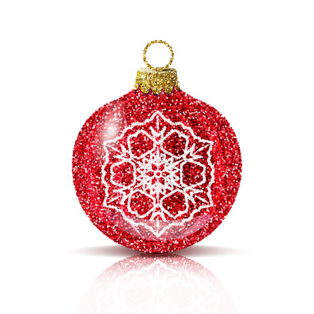Isolated red christmas ball with silver snowflake. Glitter sequins texture. Realistic decoration for christmas tree or new year. Brilliance sparkle. Reflection and shadow. Vector EPS10 illustration.のイラスト素材